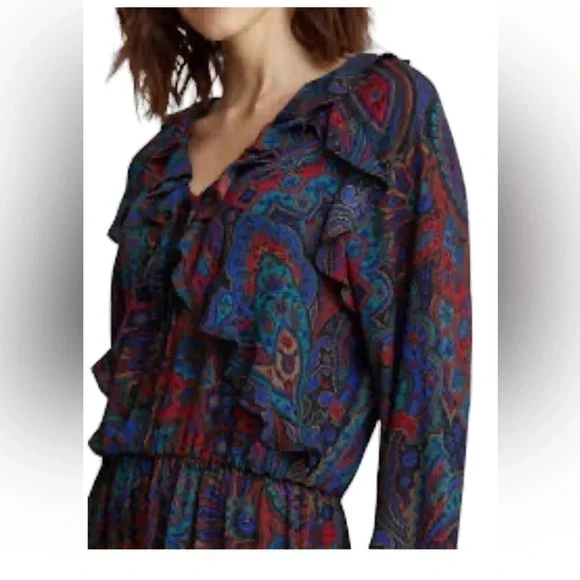 NWT Lauren Ralph Lauren Paisley Georgette Long Sleeve Dress Navy Multi Size 4 - Picture 3 of 10